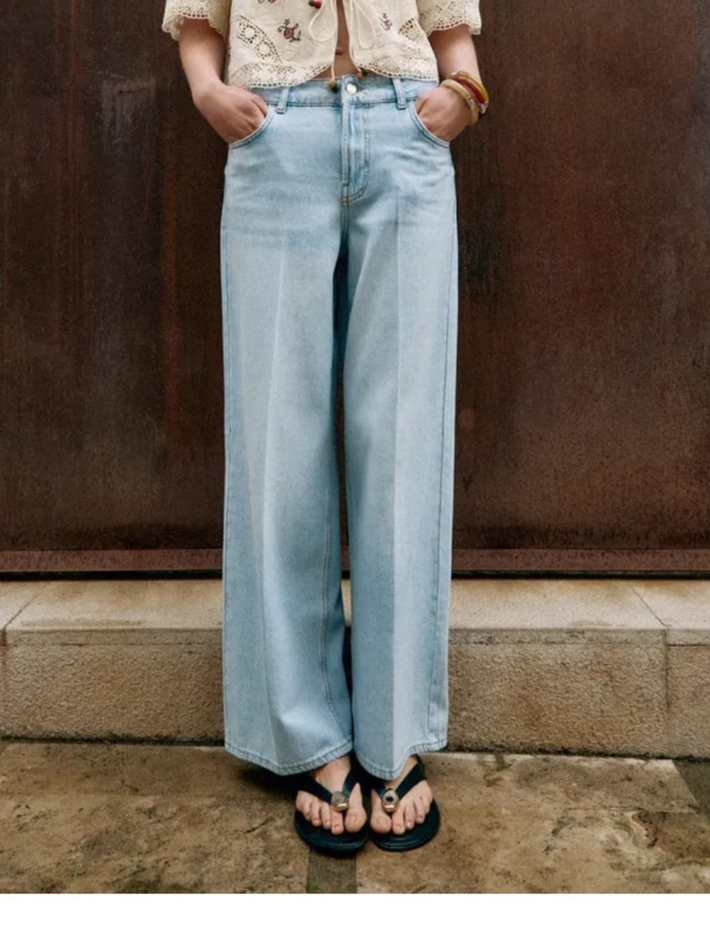 Zara Light Blue Wide Leg Mid-Rise Jeans